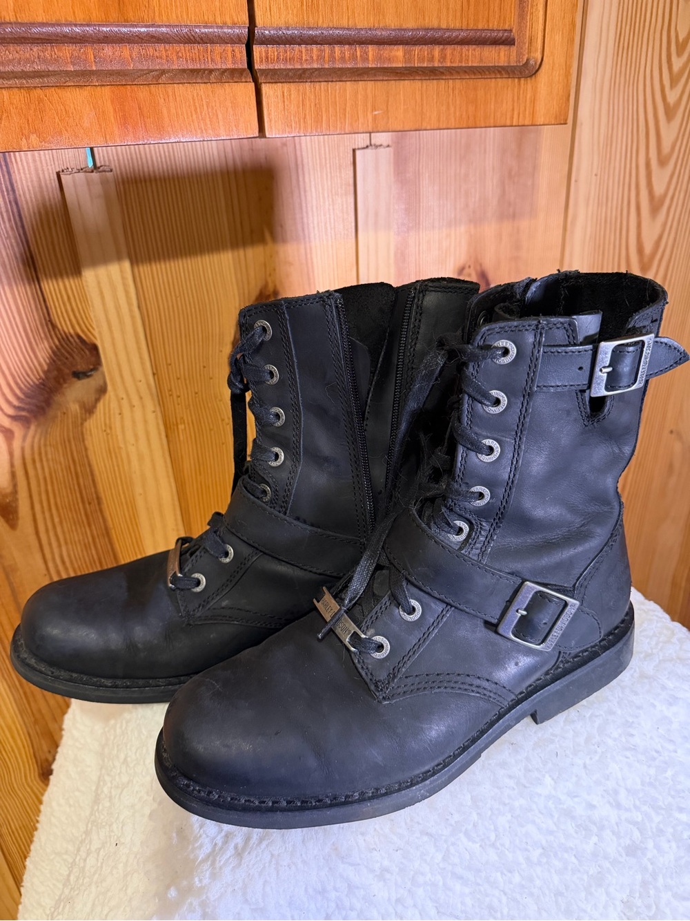 Harley-Davidson Black Lace-Up Leather Moto Boots with Buckles